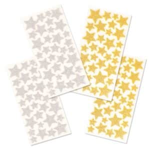 Mosgummi stjerner i glitter guld og sølv med selvklæbende bagside